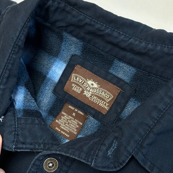 Levi's Men Vintage Canvas Fleece Plaid Lined Shacket Size XL Trucker Jacket Navy - Picture 4 of 12